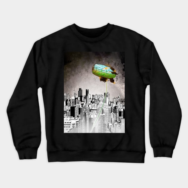 A Message green daisy blimp hovers over a cold gray city Crewneck Sweatshirt by sandpaperdaisy